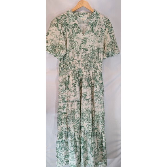 JODIFL Dresses & Skirts - Jodifl Green Toile de Jouy Jungle Print Tiered Maxi Dress Smocked Waist Large